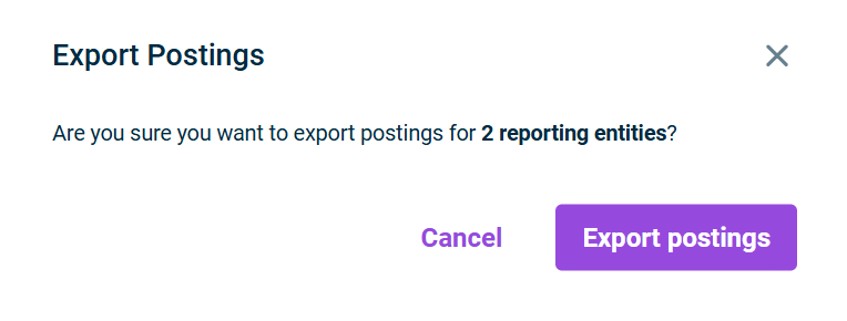 Displays the confirmation dialog for exporting postings, showing the number of reporting entities included in the export.