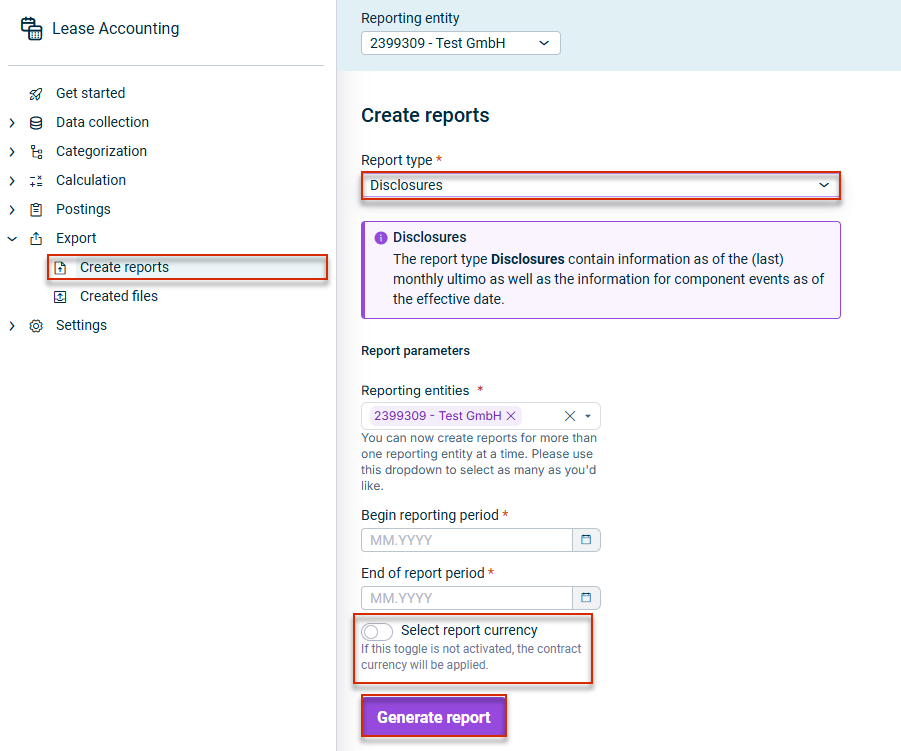 Displays the Create reports workspace. The report 'Contract overview' is selected as an example.