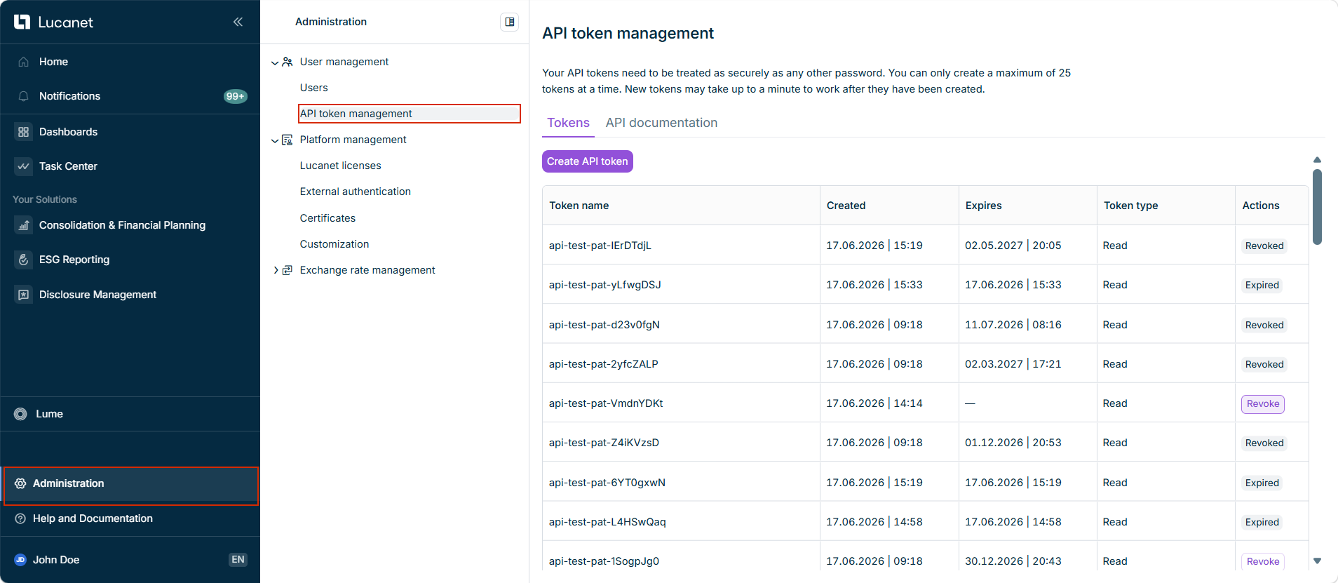 The 'API token management' workspace with the list of API tokens.