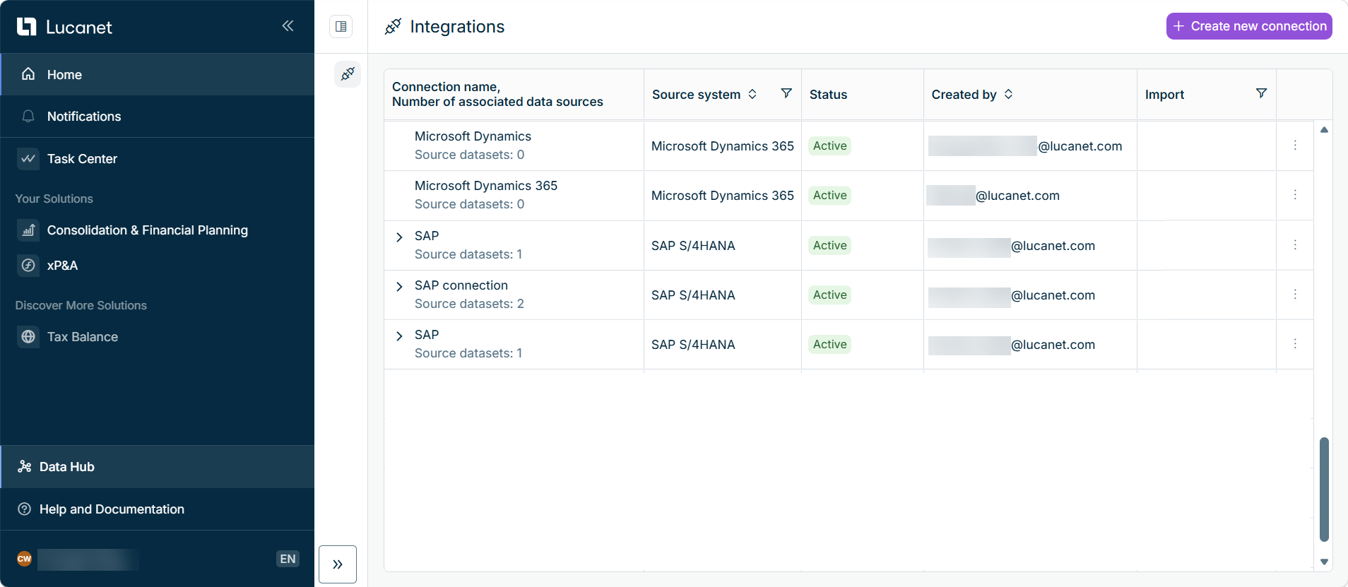 Data Hub Integrations list showing connections and their source datasets
