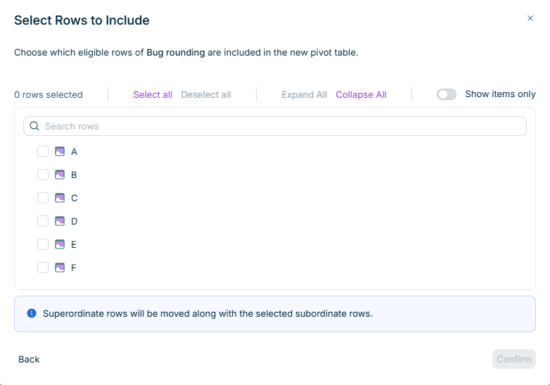 The 'Select Rows to Include' dialog is displayed.