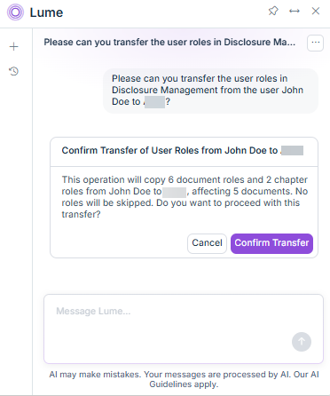 Shows a conversation for transferring user roles via Lucanet Lume in Disclosure Management.
