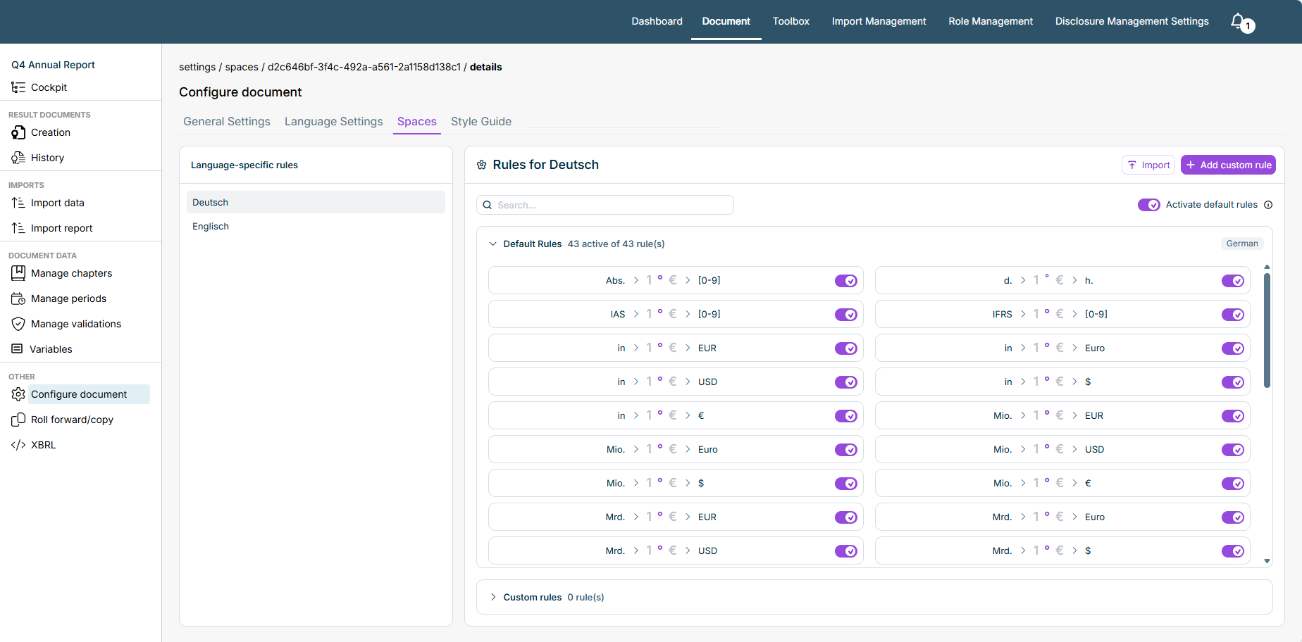 The 'Spacing' tab in the 'Configure document' work area