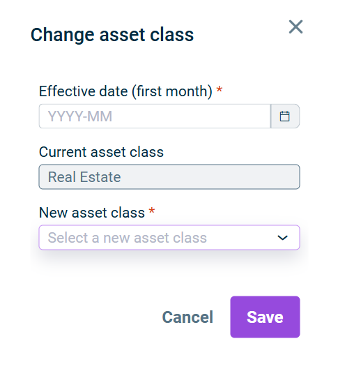 Displays the Change asset class dialog with the effective date, the read-only current asset class, and the new asset class selector.