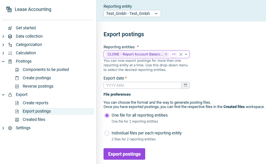 Displays the Export postings workspace with the Reporting entities drop-down list, the Export date field, and the File preferences options.