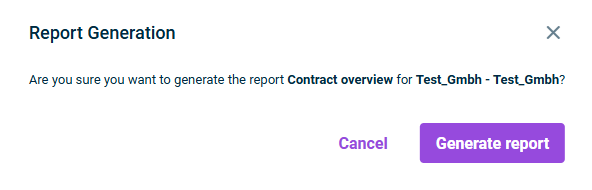 The 'Report Generation' confirmation dialog is displayed. The Contract overview report is shown as an example.