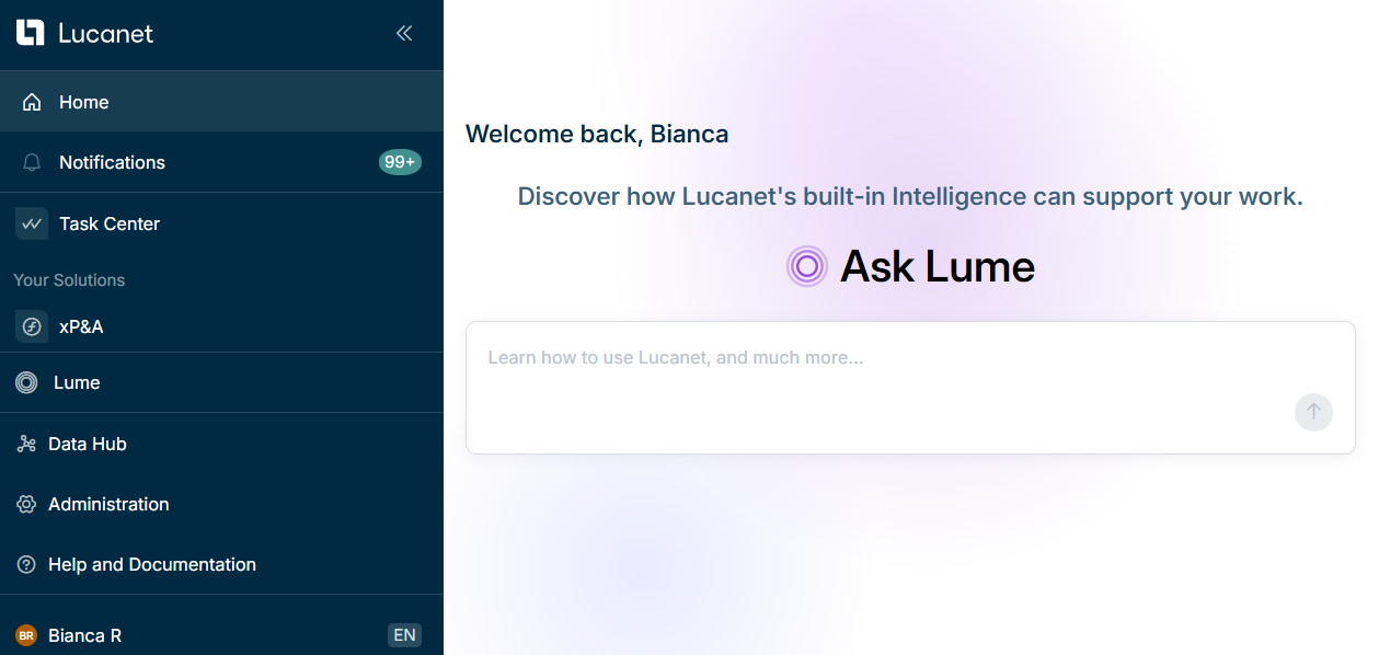 Shows the Lucanet home screen with the main navigation menu on the left and the 'Ask Lume' chat input in the center.