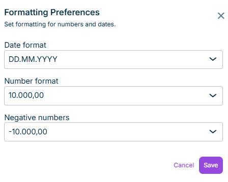 Shows the 'Formatting Preferences' dialog with the 'Date format', 'Number format', and 'Negative numbers' drop-down lists.