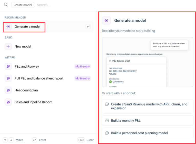 Show the 'Create model' dialog. Highlighted in red is the new option 'Generate a model' on the left and the detail view of the agent on the right.