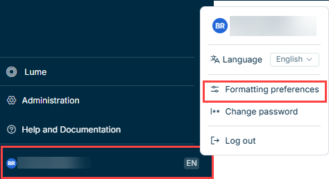 Shows the user account menu at the bottom of the main menu. Highlighted in red are the user account area and the 'Formatting preferences' option.