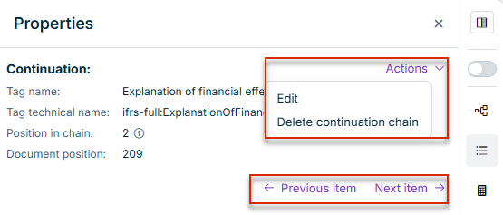Actions for a continuation item in the 'Properties' area