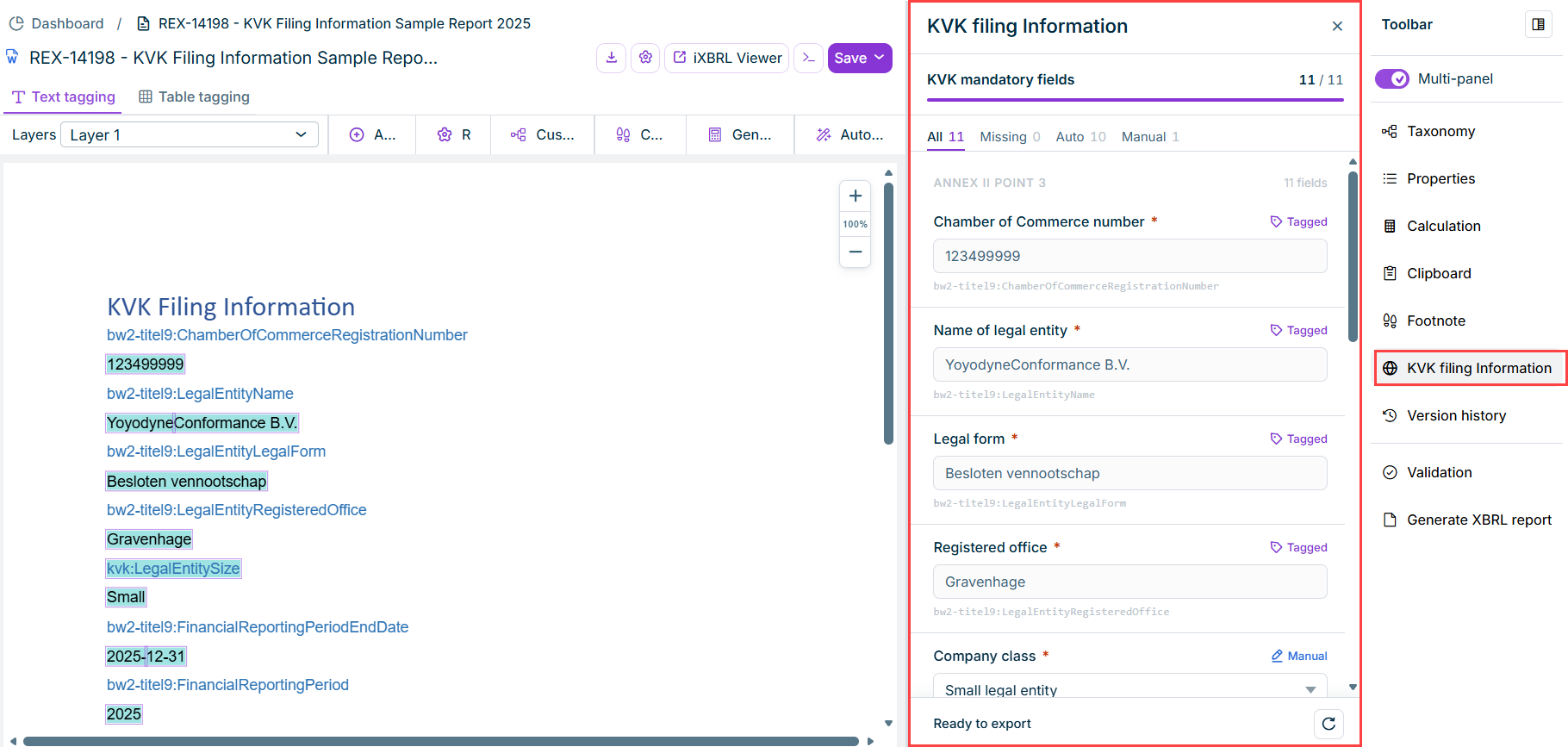 KVK Filing Information panel in the XBRL Tagger