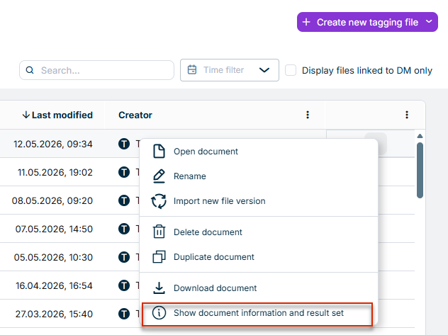 Context menu command ‘Show document information and result set’