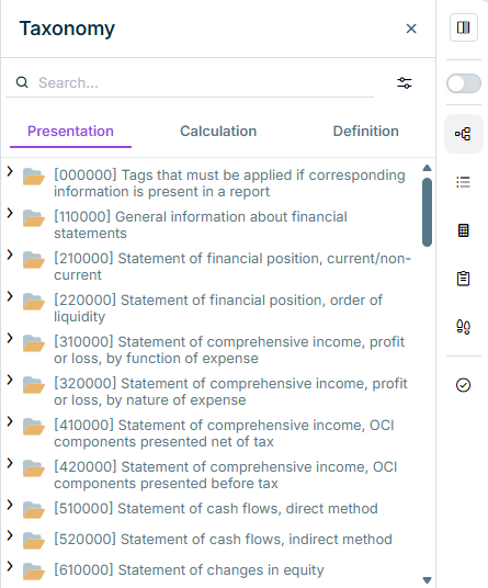 Part of the 'XBRL document' workspace. The 'Taxonomy' area is displayed. The three Linbases 'Presentation', 'Calculation' and 'Definition' are outlined in red.