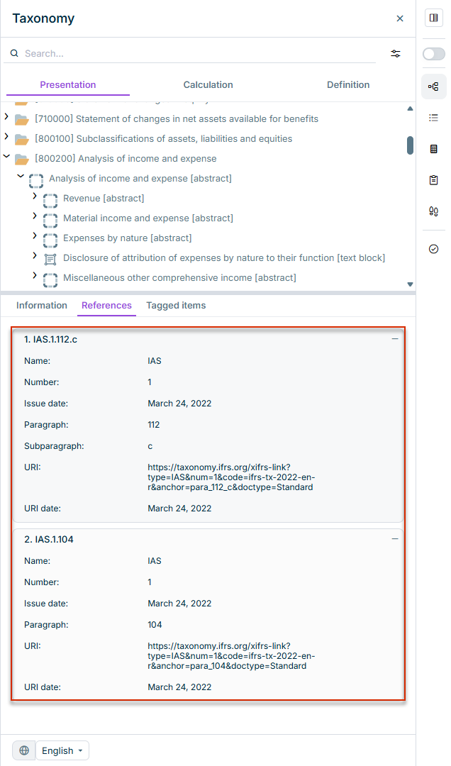 Shows a section of the 'XBRL document' workspace. The ' Tagged items' drop-down list is open. A tag from the taxonomy is outlined in red. An arrow points from the taxonomy element to the references that are displayed in the 'Properties' area in the 'References' drop-down list.