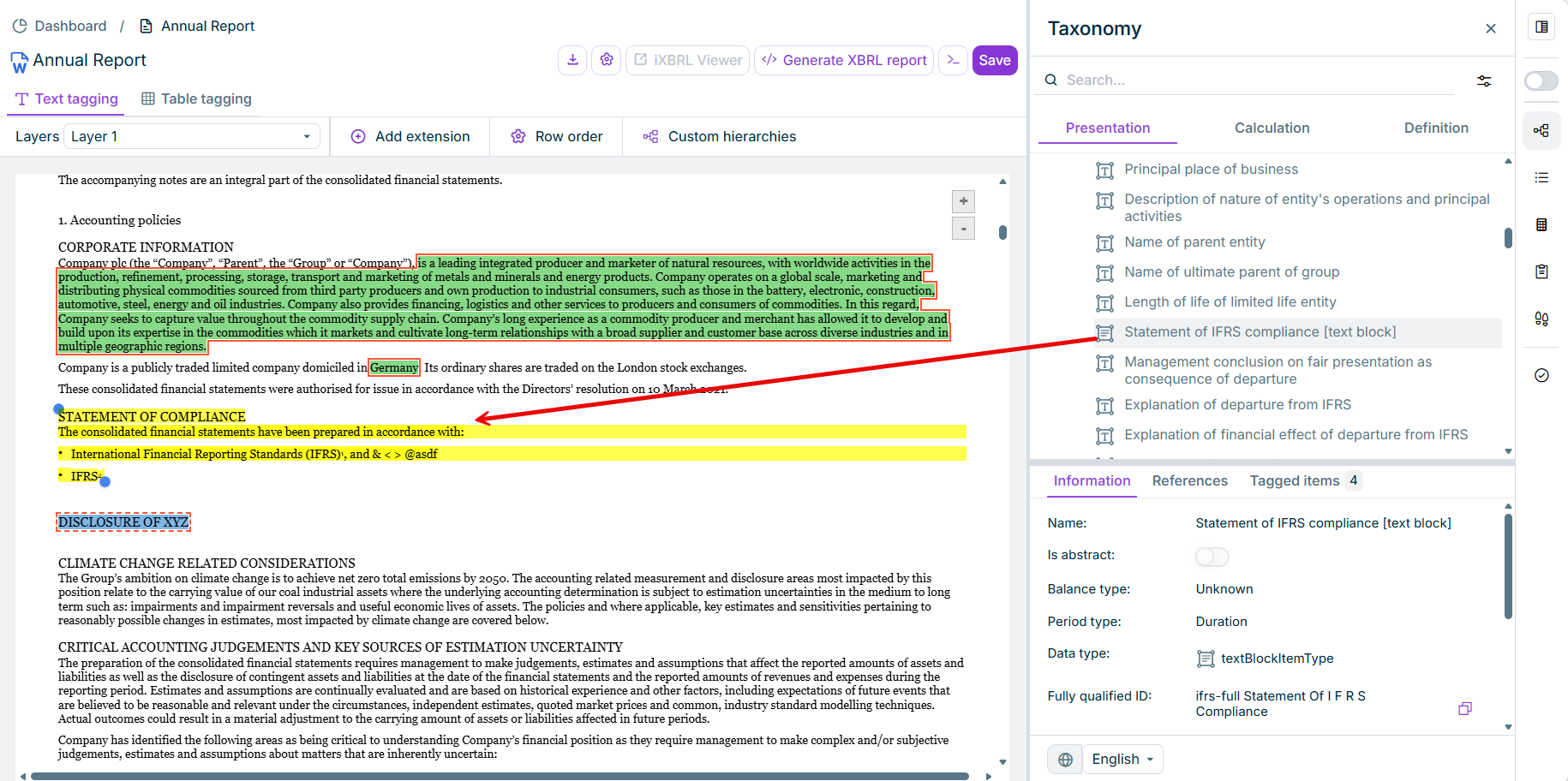 Part of the 'XBRL document' workspace. A red arrow from a taxonomy element to a text block in the Word document visualizes the drag-and-drop of tags.