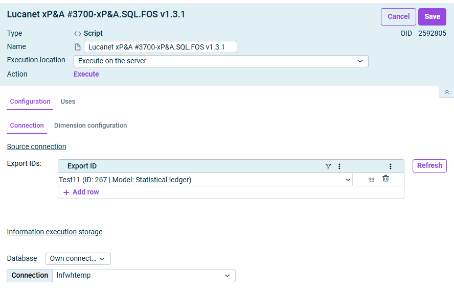 Shows the 'Connection' tab of the script Lucanet xP&A #3700-xP&A.SQL.FOS