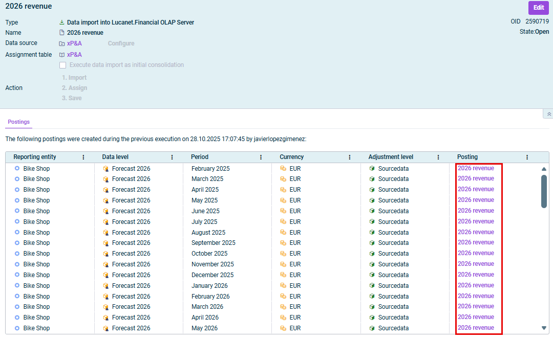 Shows the postings tab of an import of xP&A data. Highlighted is the 'Postings' column