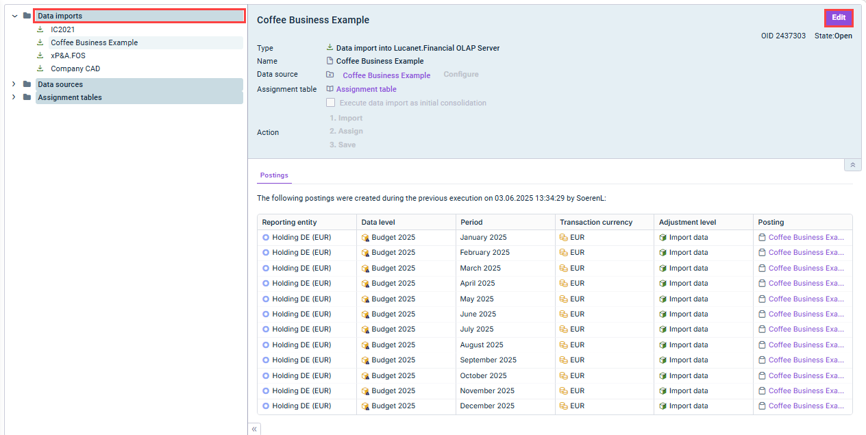 Shows the workspace for importing data into reporting entities and the detail view of a data import is shown. Highlited in red is the 'Data imports' folder on the top left and the Edit button at the top right.
