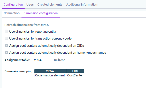 Shows the 'Dimension configuration' tab of the script Lucanet xP&A #3700-xP&A.SQL.FOS