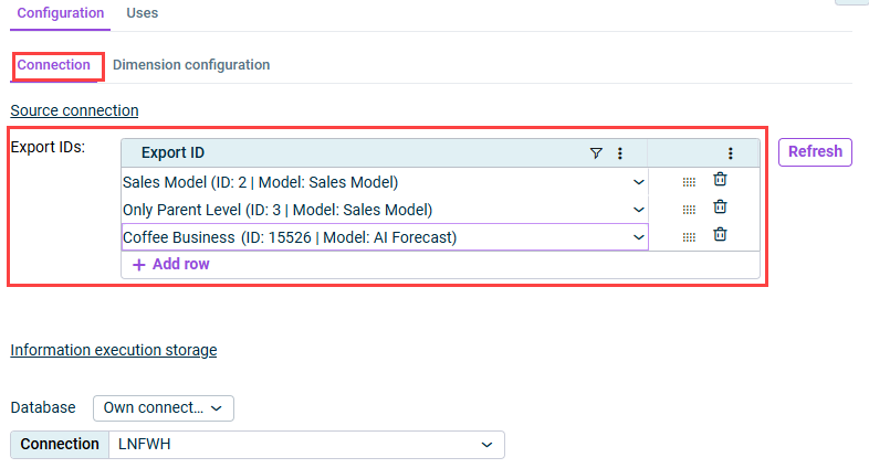 Shows the connection tab of the xP&A to CFP import script. Highlighted is the section to select the export IDs.