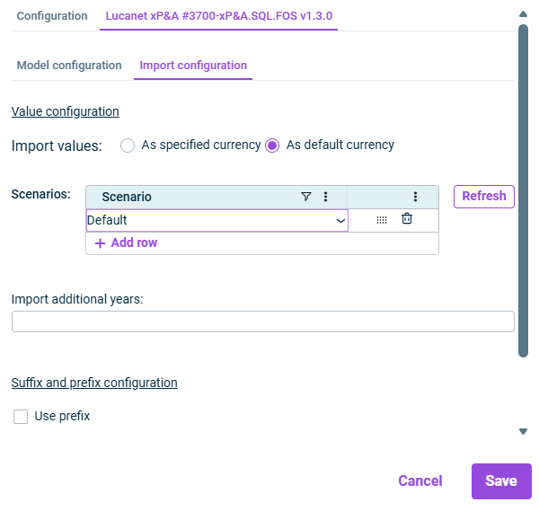 Shows the 'Import configuration' tab of an import from xP&A to CFP