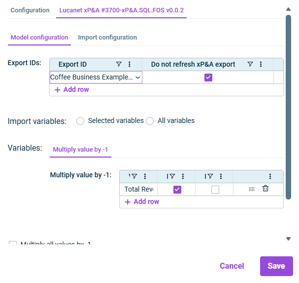Shows the 'Model configuration' tab of an import from xP&A to CFP