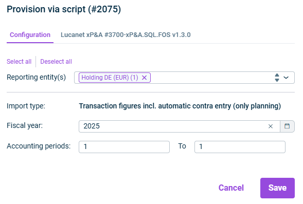 Shows the dilaog 'Provision via script' that opens when you start importing data from xP&A to CFP