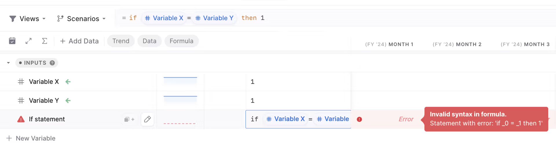 Shows how an Error is displayed behind a formula and the tooltip that appears if you hover over it
