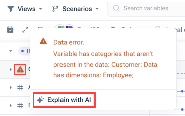 Shows an error explanation provided by AI. Highlighted is the warning triangle in front of the variable with the error and the command 'Explain with AI'