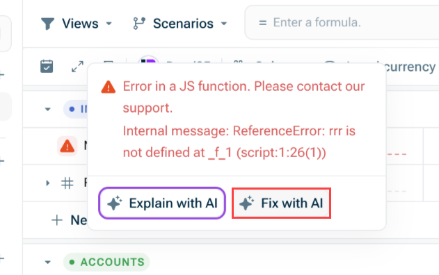 Shows the dialog that appears when you hover over an error in a model. Highlighted in red is the Option 'Fix with AI'