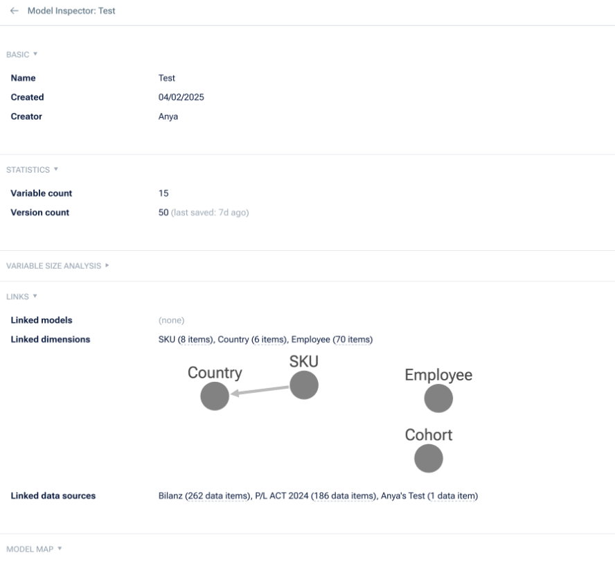 Shows the window that opens with the so called model inspector. Listing Basics, Statistics, Model Size Overview and a Variable Size Analysis of the model