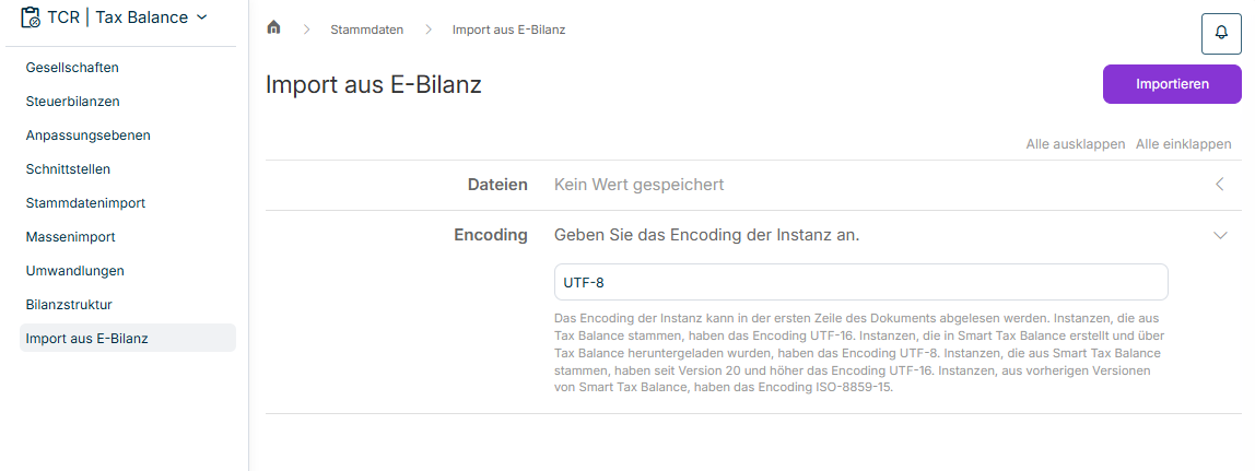 Zeigt den Arbeitsbereich 'Import aus E-Bilanz'