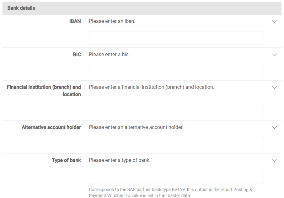 Shows the 'Bank details' area of the detail view of a company in VAT with the fields 'IBAN', 'BIC', 'Financial institution (branch) and location', 'Alternative account holder', and 'Type of bank'.