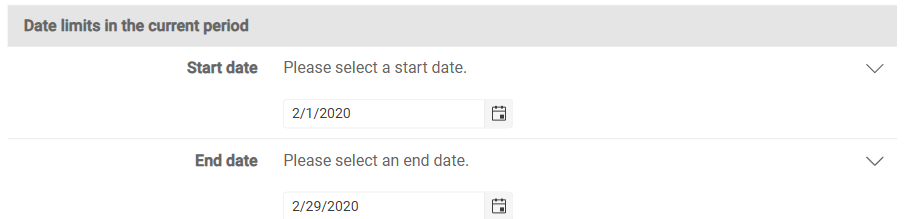 Shows the 'Date limits in the current period' area of the detail view of a company in VAT with the date fields 'Start date' with the value '2/1/2020' and 'End date' with the value '2/29/2020'.