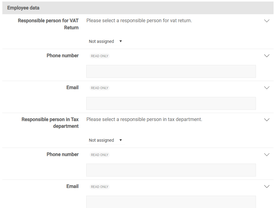 Shows the 'Employee data' area of the detail view of a company in VAT with the drop-down lists 'Responsible person for VAT Return' and 'Responsible person in Tax department' with the value 'Not assigned', each followed by the fields 'Phone number' and 'Email' marked as 'Read only'.