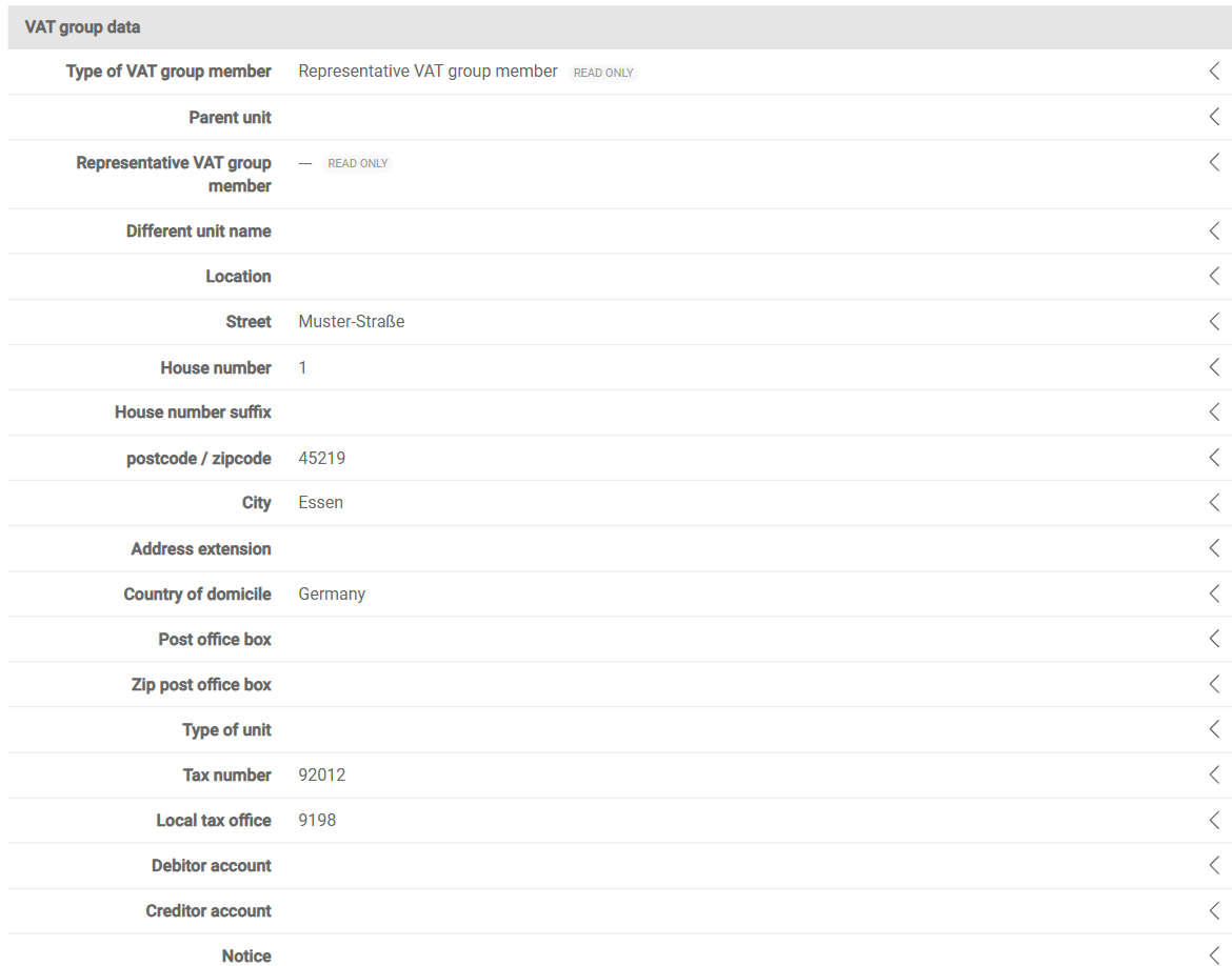 Shows the 'VAT group data' area of the detail view of a company in VAT with the fields 'Type of VAT group member' with the value 'Representative VAT group member', 'Parent unit', 'Representative VAT group member', 'Different unit name', 'Location', 'Street', 'House number', 'House number suffix', 'postcode / zipcode', 'City', 'Address extension', 'Country of domicile', 'Post office box', 'Zip post office box', 'Type of unit', 'Tax number', 'Local tax office', 'Debitor account', 'Creditor account', and 'Notice'.