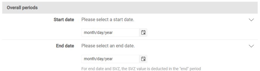 Shows the 'Overall periods' area of the detail view of a company in VAT with the empty date fields 'Start date' and 'End date' in the date format month/day/year.