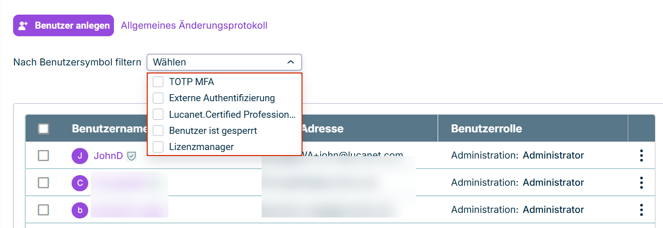 Die Benutzerübersicht mit der geöffneten Dropdown-Liste 'Nach Benutzersymbol filtern' oberhalb der Liste. Die Dropdown-Liste enthält für jedes Benutzersymbol ein Kontrollkästchen.