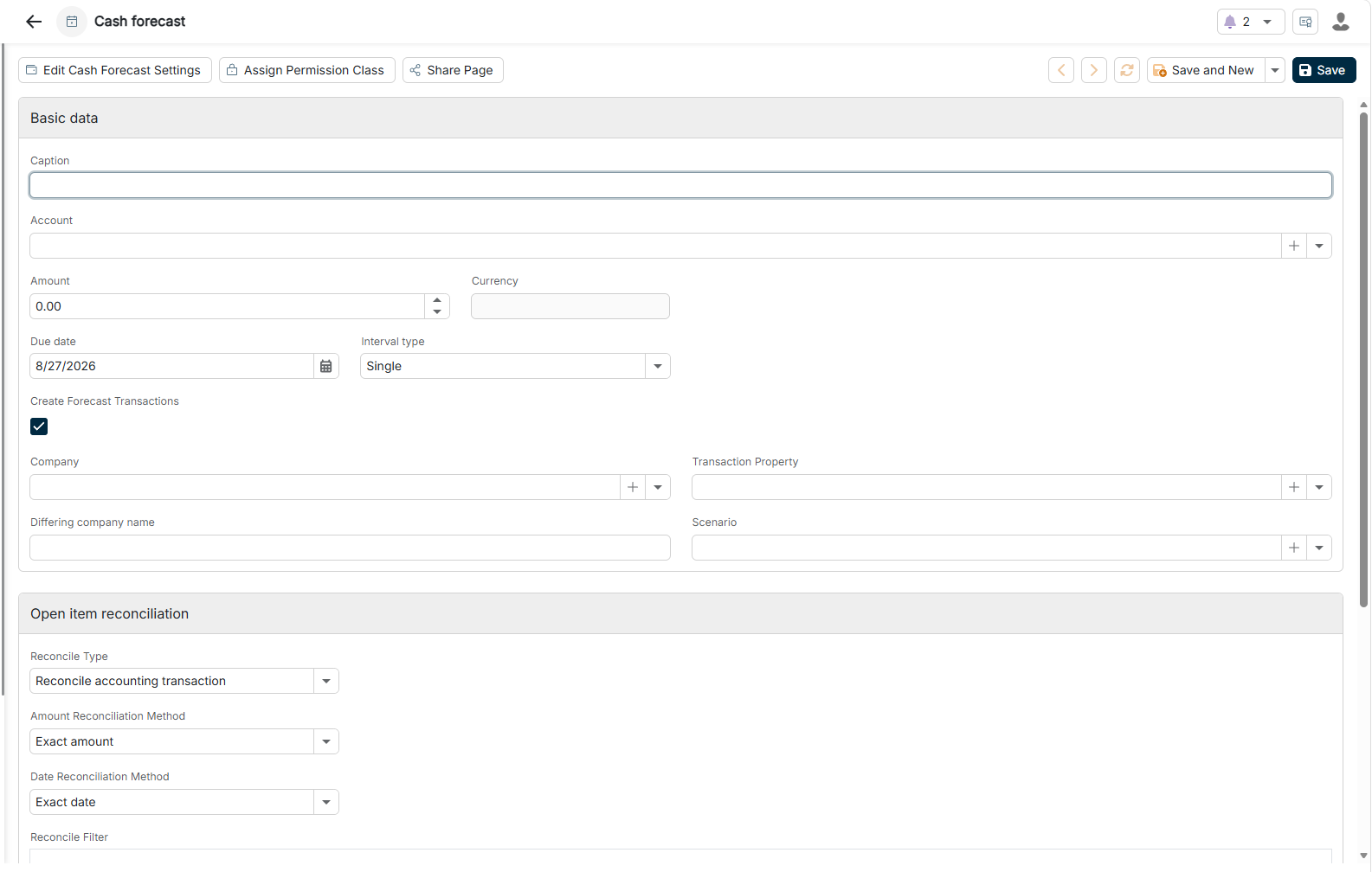 The configuration options for a cash forecast are displayed.
