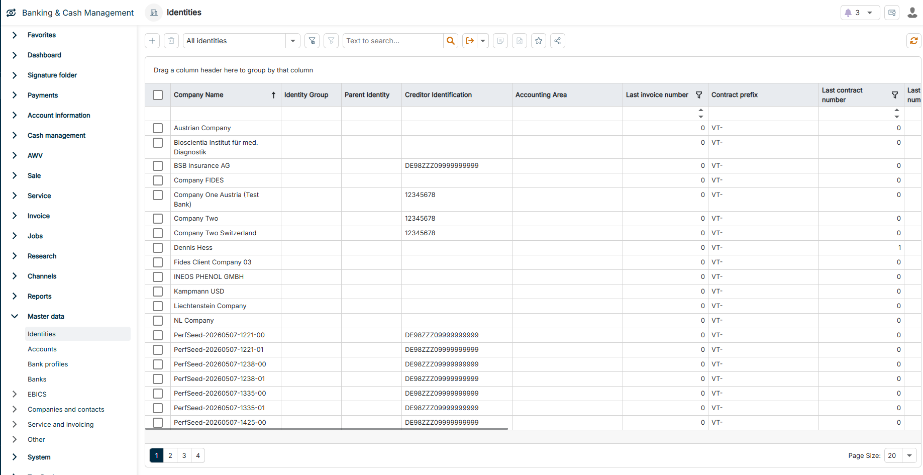 The Identities workspace in the Master data functional area is displayed.