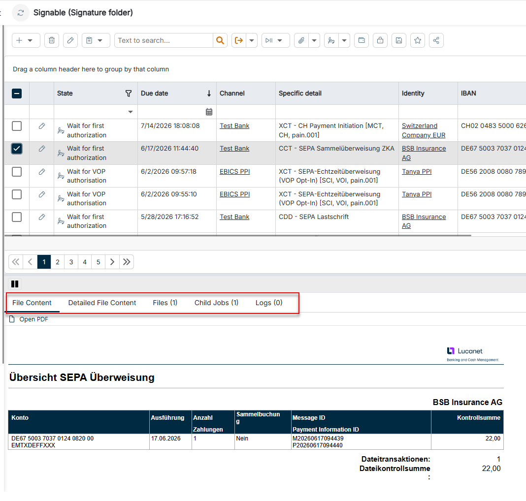 The tabs with the detail information of a payment run are displayed below the list view.