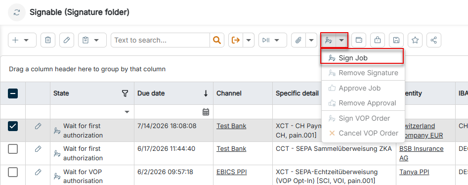 The drop-down list of the Sign job button is displayed.