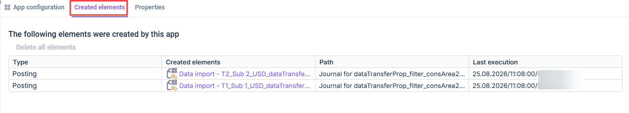 Shows the 'Created elements' tab of a Consolidation app