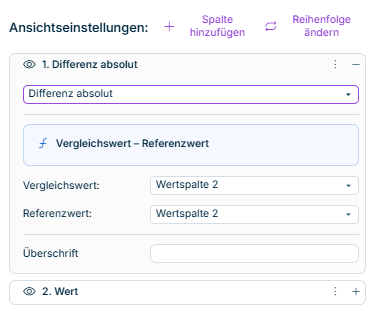 Die Spalteneinstellungen für den Spaltentyp 'Differenz absolut' werden angezeigt. Weitere Informationen finden Sie in der Beschreibung.
