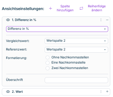 Die Spalteneinstellungen für den Spaltentyp 'Differenz in %' werden angezeigt. Weitere Informationen finden Sie in der Beschreibung.