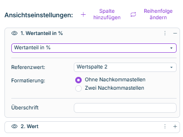 Die Spalteneinstellungen für den Spaltentyp 'Wertanteil in %' werden angezeigt. Weitere Informationen finden Sie in der Beschreibung.