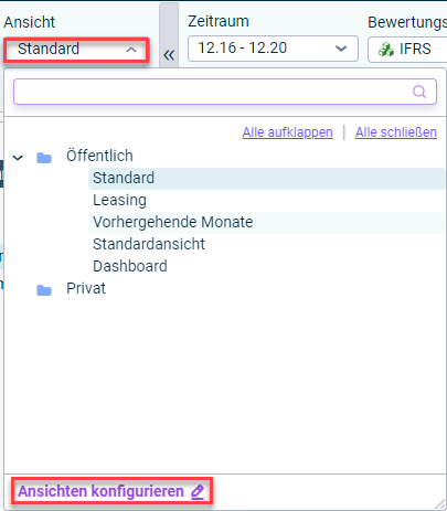 Die Schaltfläche 'Ansichten konfigurieren' wird in der Dropdown-Liste 'Ansicht' angezeigt.