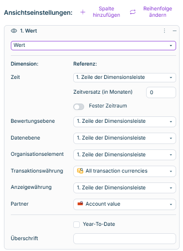 Die Spalteneinstellungen für den Spaltentyp 'Wert' wird angezeigt. Weitere Informationen finden Sie in der Beschreibung.