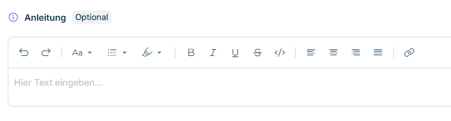 Der Rich-Text-Editor 'Anleitung' wird im Formularvorlagen-Designer angezeigt.